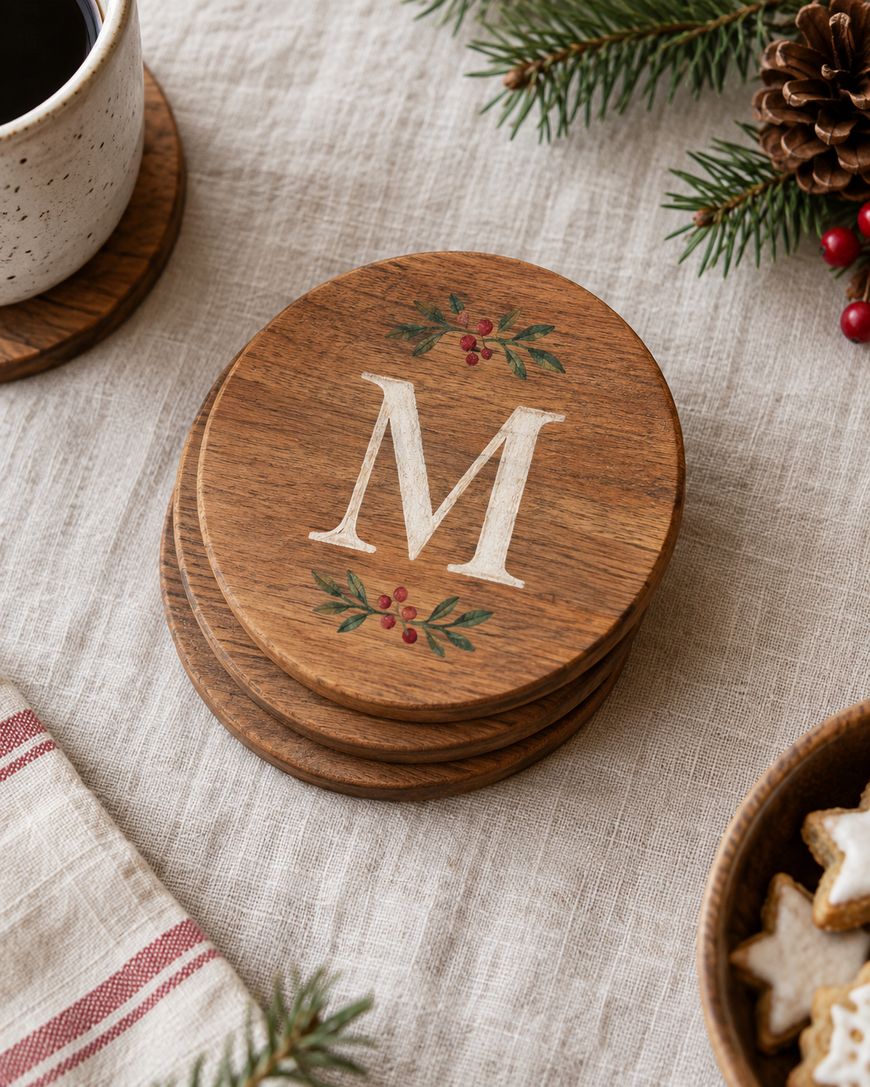 Stack of wooden coasters with a white letter M and painted holly leaves and berries, on a table with a mug, pine sprigs, and a bowl of cookies.