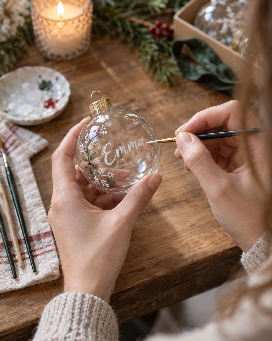 A person paints the name Emma on a clear Christmas ornament, surrounded by art supplies, a lit candle, and festive greenery on a wooden table.
