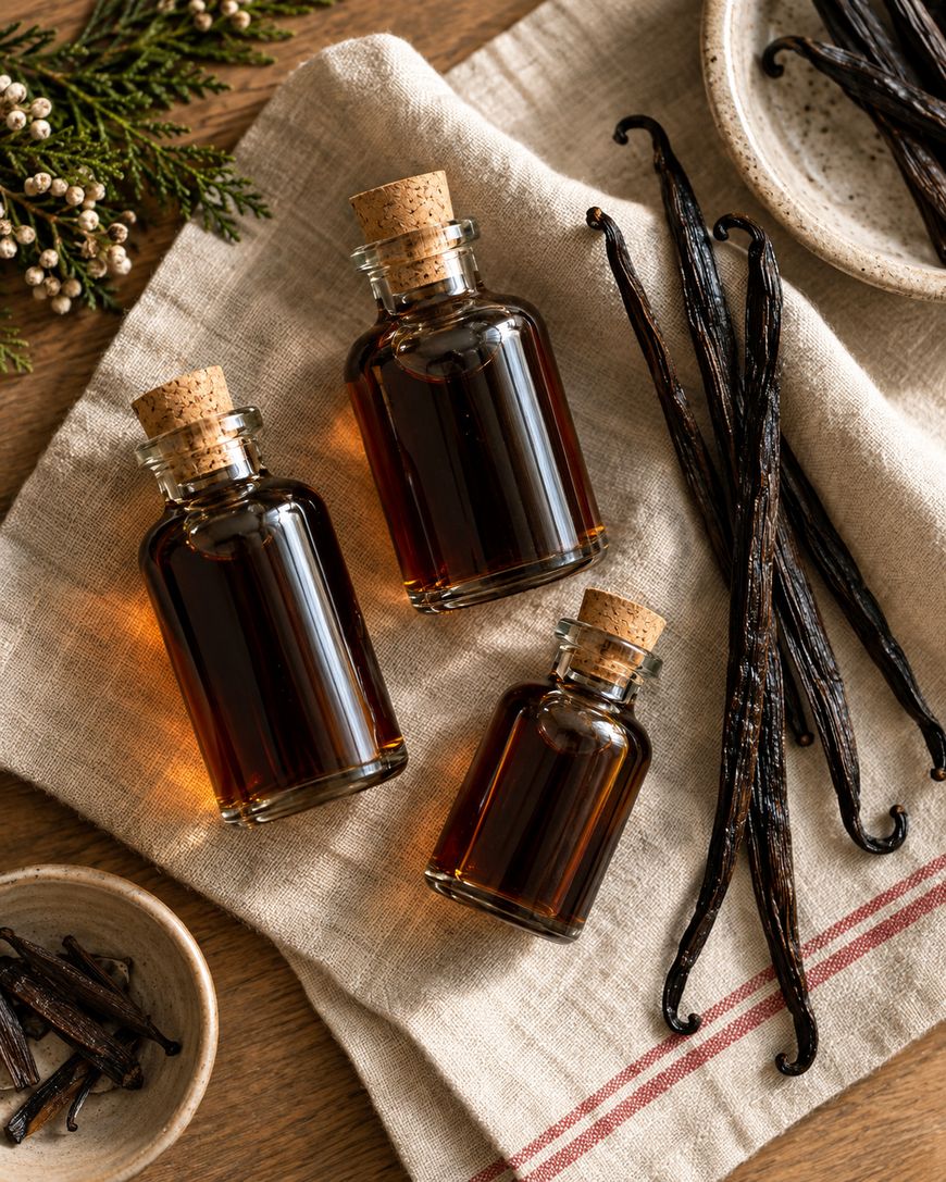 Three glass bottles of vanilla extract with corks are arranged on a beige cloth alongside several vanilla beans and small bowls of vanilla pods, set on a wooden surface.