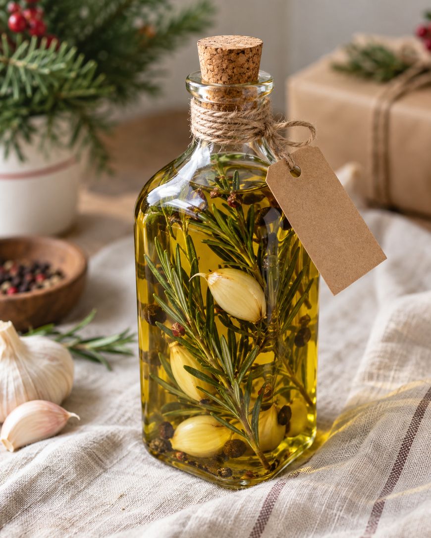 A glass bottle of olive oil infused with garlic, rosemary, and peppercorns sits on a cloth. A blank tag is tied to its neck with twine. Garlic cloves, peppercorns, and a gift box are in the background.