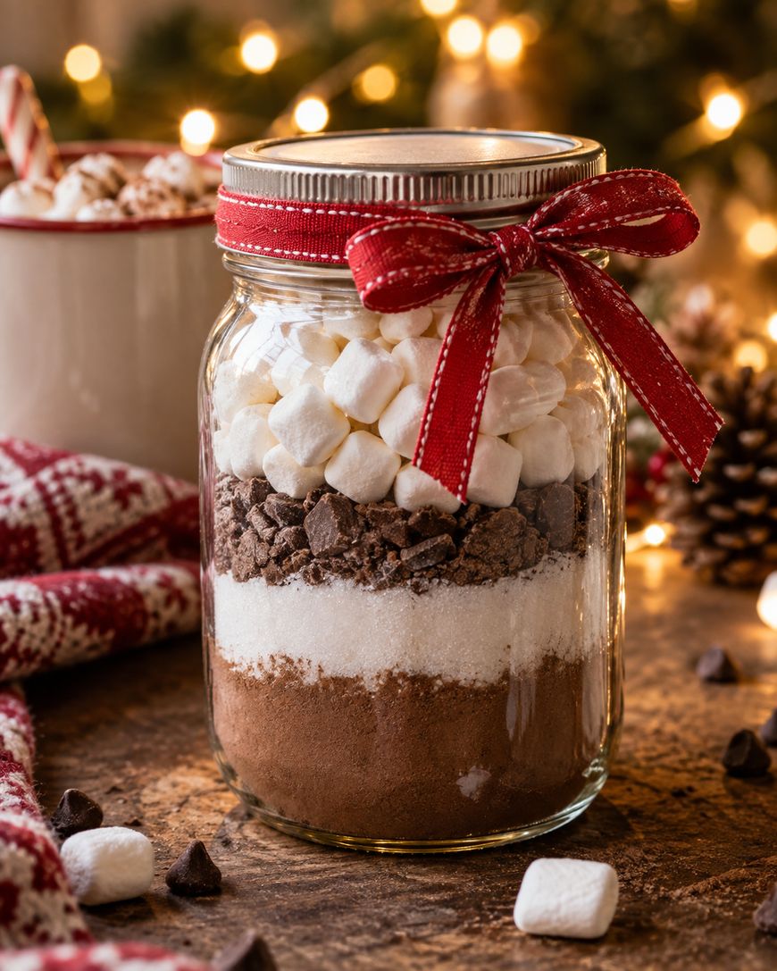 A glass jar filled with layered hot cocoa mix, chocolate chunks, and marshmallows, topped with a red ribbon. Holiday lights and a mug of cocoa are in the blurred background.