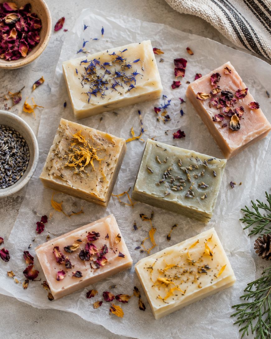 Six handmade soap bars, each topped with dried flowers and herbs, are arranged on parchment paper. Bowls of dried rose petals and lavender, along with scattered petals, are nearby. A striped towel is partially visible.