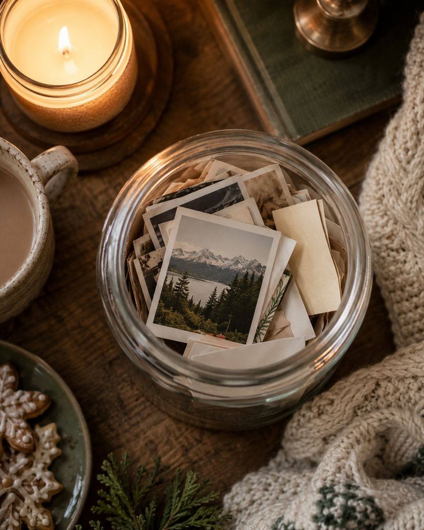A glass jar filled with vintage photos sits on a wooden table near a lit candle, a cup of coffee, cookies, a knit blanket, and a green book, creating a cozy, nostalgic atmosphere.