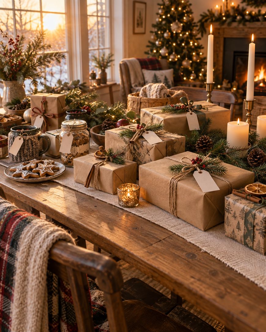 A cozy holiday scene with a wooden table covered in wrapped gifts, candles, cookies, and festive decorations. A lit Christmas tree and fireplace glow in the background, creating a warm, inviting atmosphere.