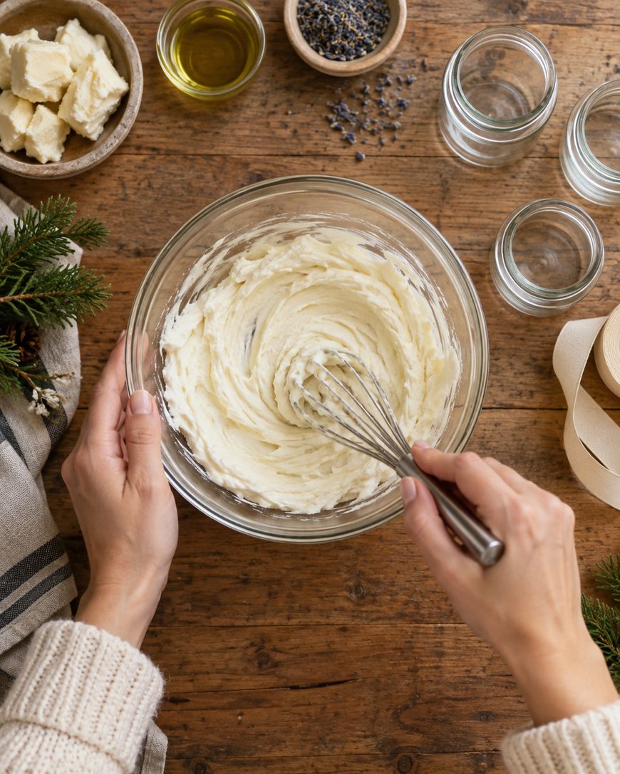 Hands whisking a creamy mixture in a glass bowl on a wooden table surrounded by jars, a small bowl of oil, dried lavender, solid ingredients, and a pine branch.