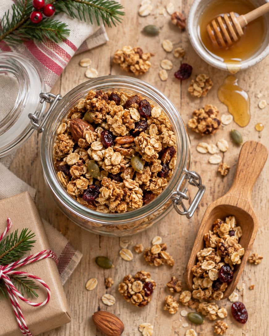 A jar of granola with nuts and dried fruit on a wooden table, surrounded by scattered oats, seeds, a scoop of granola, a jar of honey with a dipper, and a wrapped gift with a red-and-white string.