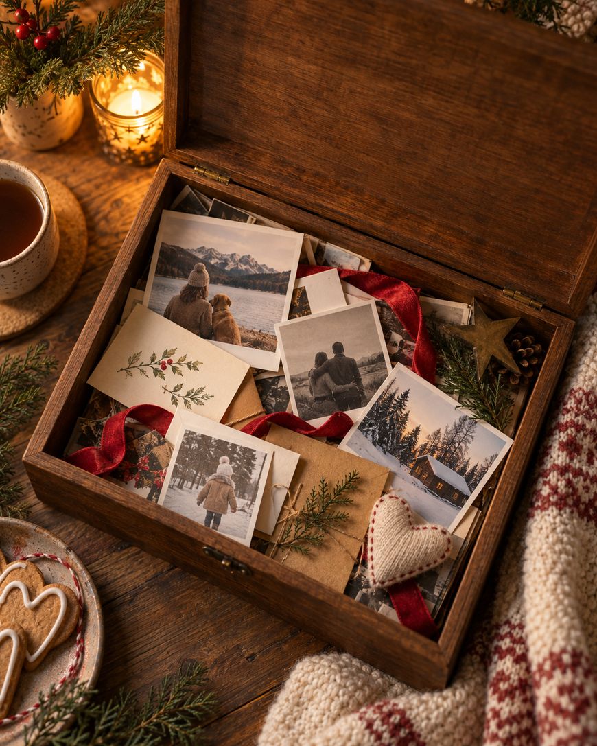 Open wooden box filled with old photos, letters, red ribbon, pine branches, and heart-shaped ornament. Cozy scene with a cup of tea, cookies, a knit blanket, and candles nearby on a wooden table.