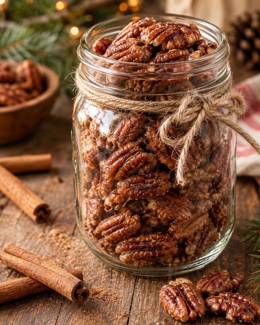 A glass jar filled with candied pecans sits on a rustic wooden table with cinnamon sticks and pine branches nearby. The jar is tied with twine, giving a cozy, festive look.