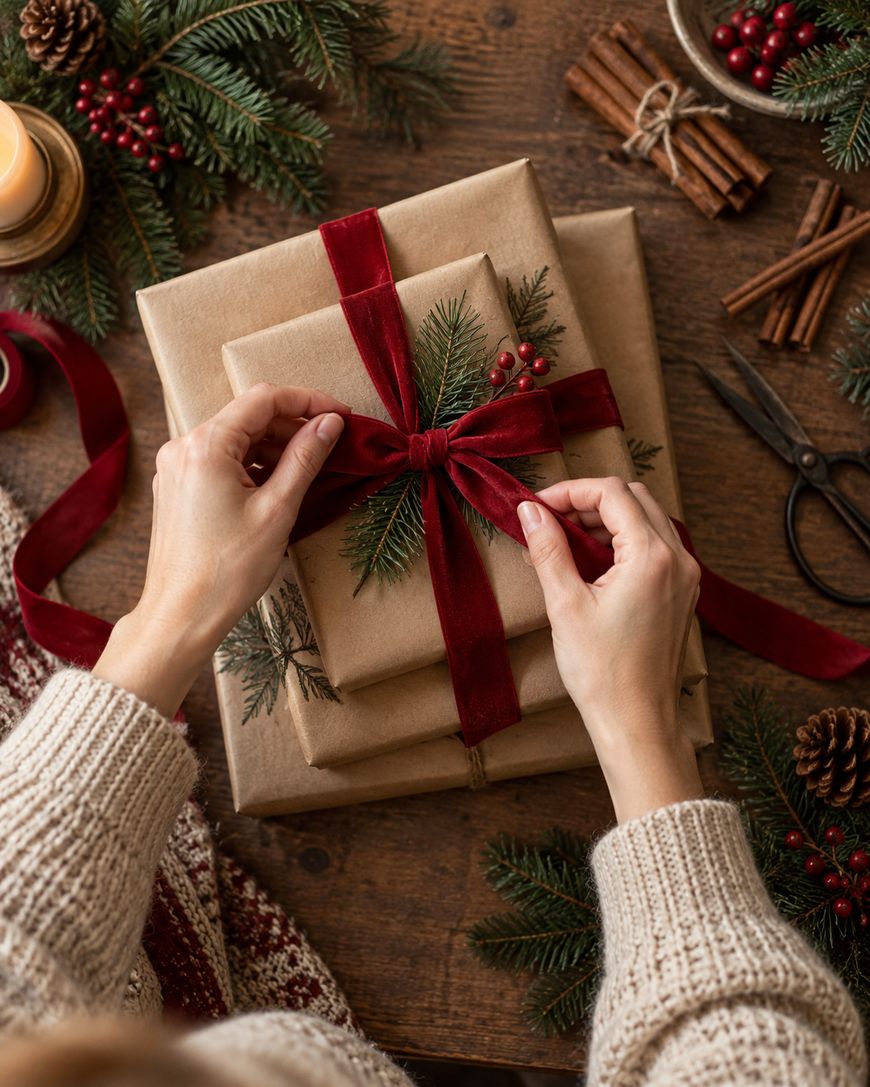 Hands tying a red velvet ribbon around a gift wrapped in brown paper, with pine sprigs and berries. Other similarly wrapped gifts, pine branches, candle, scissors, and cinnamon sticks are on the wooden table.