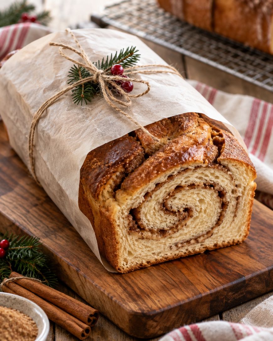 A loaf of cinnamon swirl bread, partially wrapped in parchment paper and tied with twine, topped with a small pine sprig and red berries, sits on a wooden cutting board.
