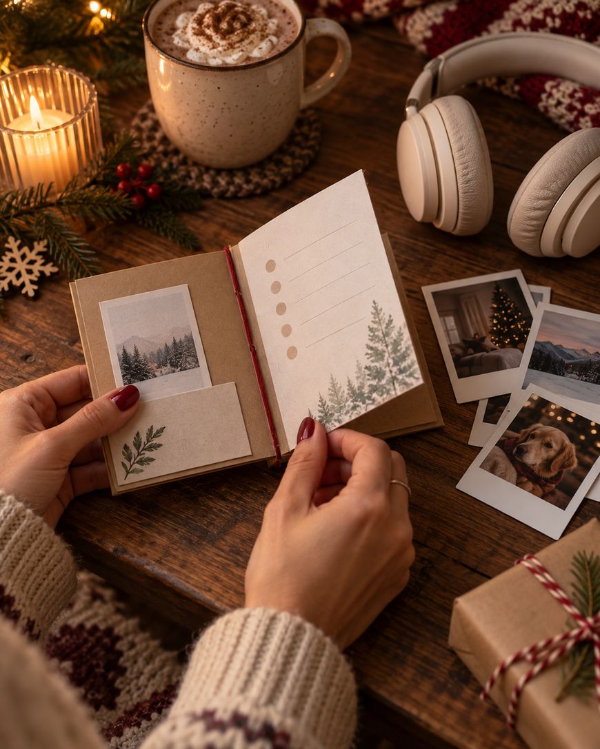 A person in a cozy sweater holds an open journal with pine tree illustrations on a wooden table, surrounded by photos, a candle, headphones, a wrapped gift, and a mug of hot chocolate.