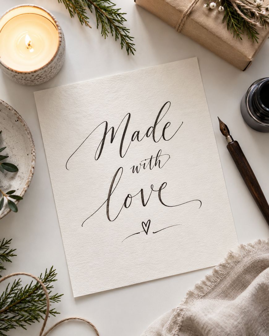 A handwritten note reading Made with love lies on a white surface, surrounded by a candle, wrapped gift, greenery, a pen, ink bottle, plate, and fabric napkin. The scene feels cozy and festive.