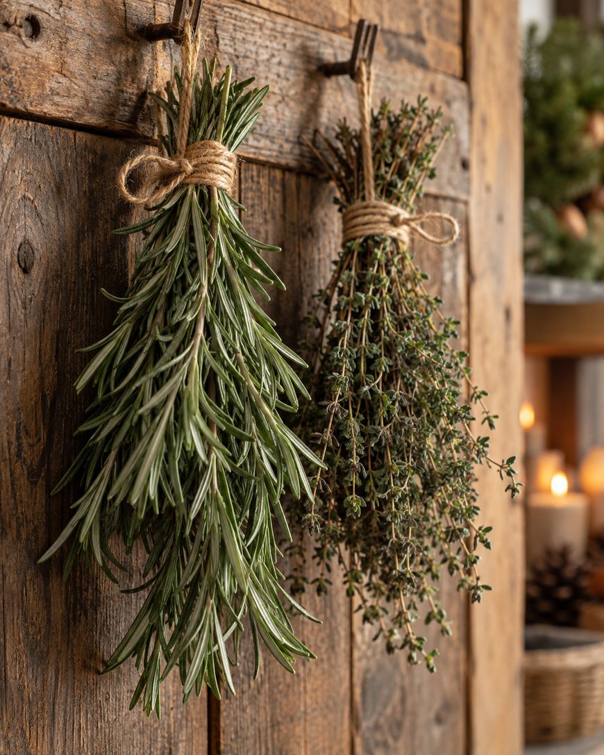 Two bundles of fresh herbs, rosemary and thyme, tied with twine, hang on a rustic wooden wall. Candles and greenery are softly blurred in the background.