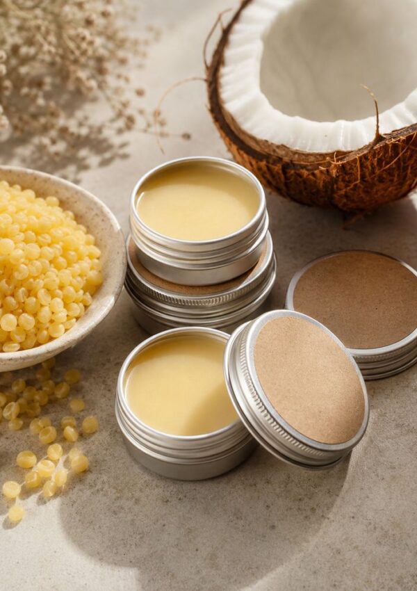 Three metal tins of balm, some open and some closed, sit beside a bowl of yellow beeswax pellets and a halved coconut on a light surface. Dried flowers are blurred in the background.