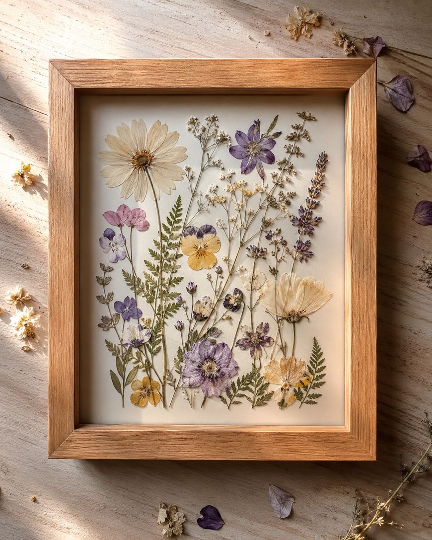 A wooden frame displays pressed flowers and ferns in various colors, including yellow, purple, and white, arranged artfully on a light background, set on a wooden surface with scattered petals and sunlight streaming in.