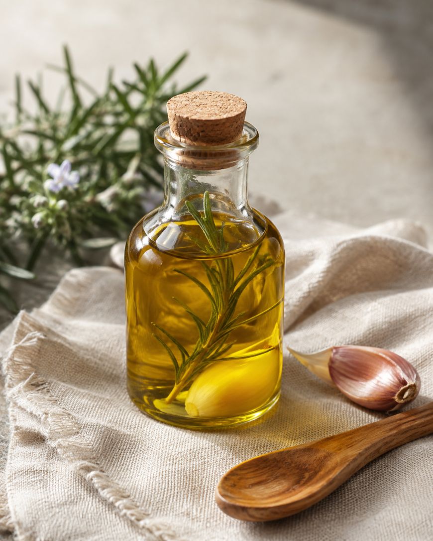 A glass bottle of olive oil with rosemary and garlic inside, placed on a beige cloth next to a garlic clove, a wooden spoon, and rosemary sprig.