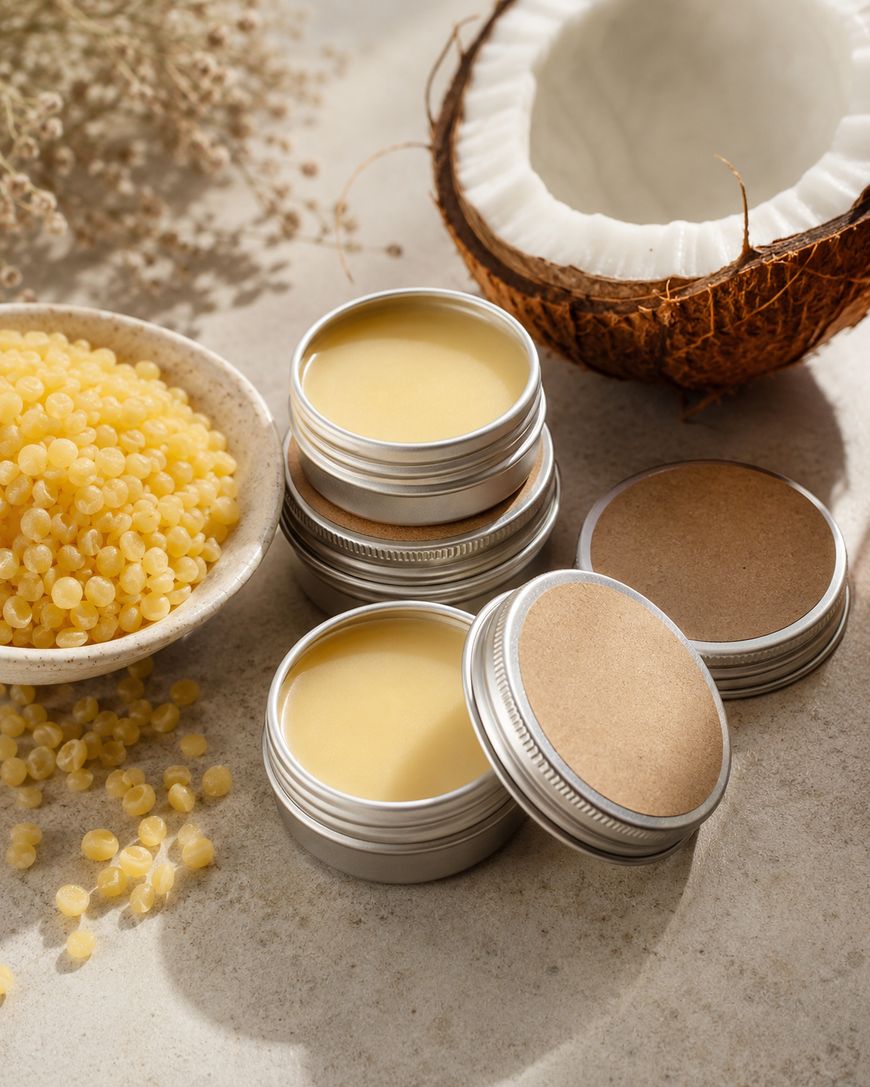 Small metal tins of balm, a halved coconut, and a bowl of yellow beeswax pellets are arranged on a light surface in natural light.