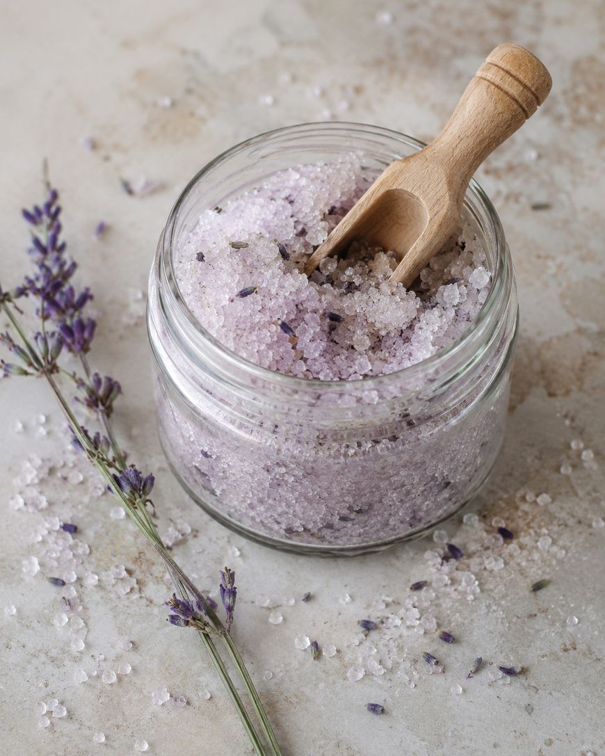 A glass jar filled with lavender bath salts and a small wooden scoop. Some bath salts and a sprig of lavender are scattered on the light-colored surface beside the jar.