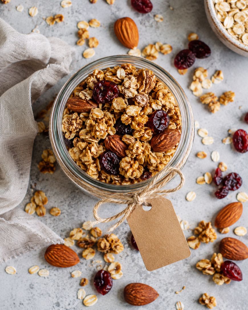 A jar of granola with almonds and dried cranberries sits on a gray surface, surrounded by scattered oats, nuts, and fruit, with a blank tag tied around the jar and a beige cloth nearby.