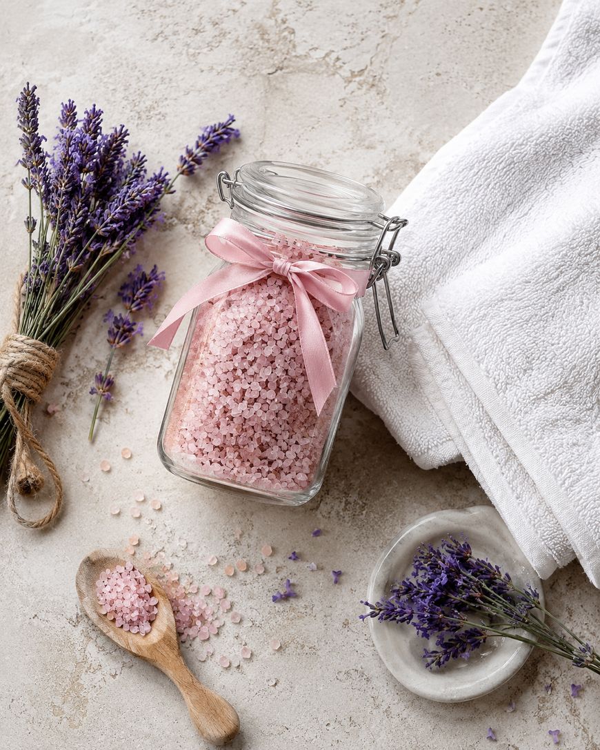 A glass jar of pink bath salts with a pink ribbon, a wooden spoon, bundles of lavender flowers, and white towels on a light textured surface.