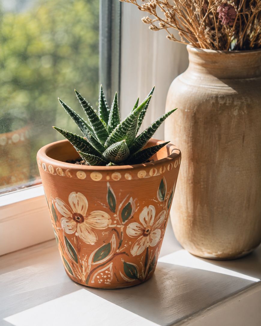 A small succulent in a painted terracotta pot with white flowers sits on a sunny windowsill next to a beige ceramic vase with dried flowers.