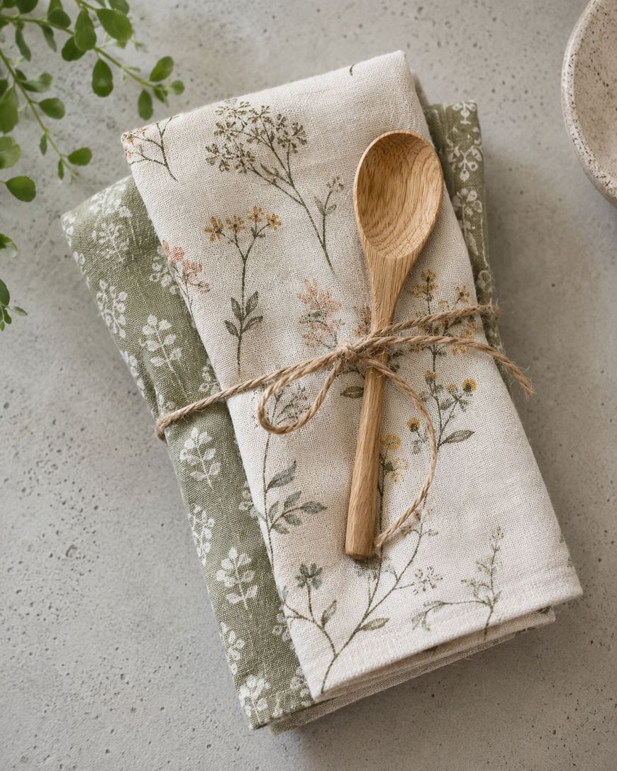 Two folded floral napkins, one green and one white, tied with twine. A wooden spoon rests on top. The set is placed on a light gray surface with a small green plant visible in the corner.