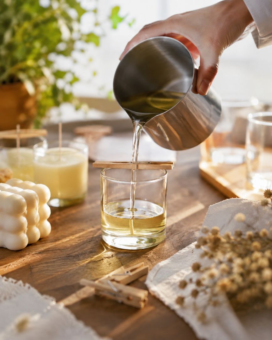 A hand pours melted wax from a metal pitcher into a glass candle jar, with a wick held in place by a clothespin. Other candles and dried flowers are on a wooden table in soft sunlight.