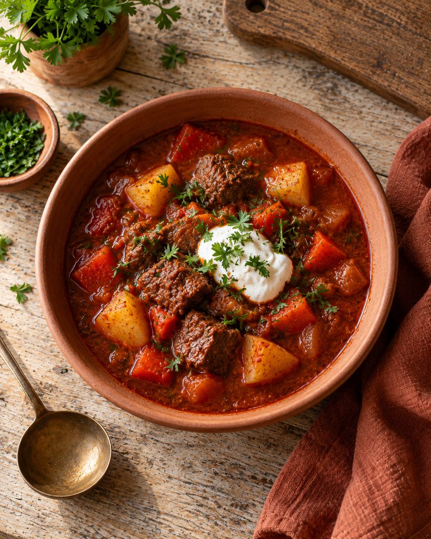 A bowl of beef stew with potatoes, carrots, and a dollop of sour cream, garnished with fresh herbs. A brass spoon, napkin, and chopped herbs are nearby on a wooden surface.