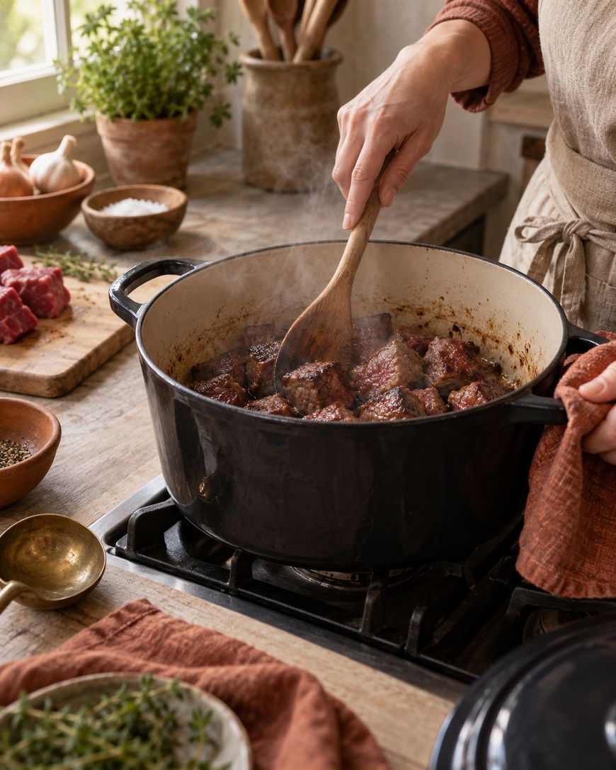 A person stirs browned beef cubes in a black Dutch oven on a stove, surrounded by herbs, bowls, and raw meat on a wooden kitchen counter. Steam rises from the pot.