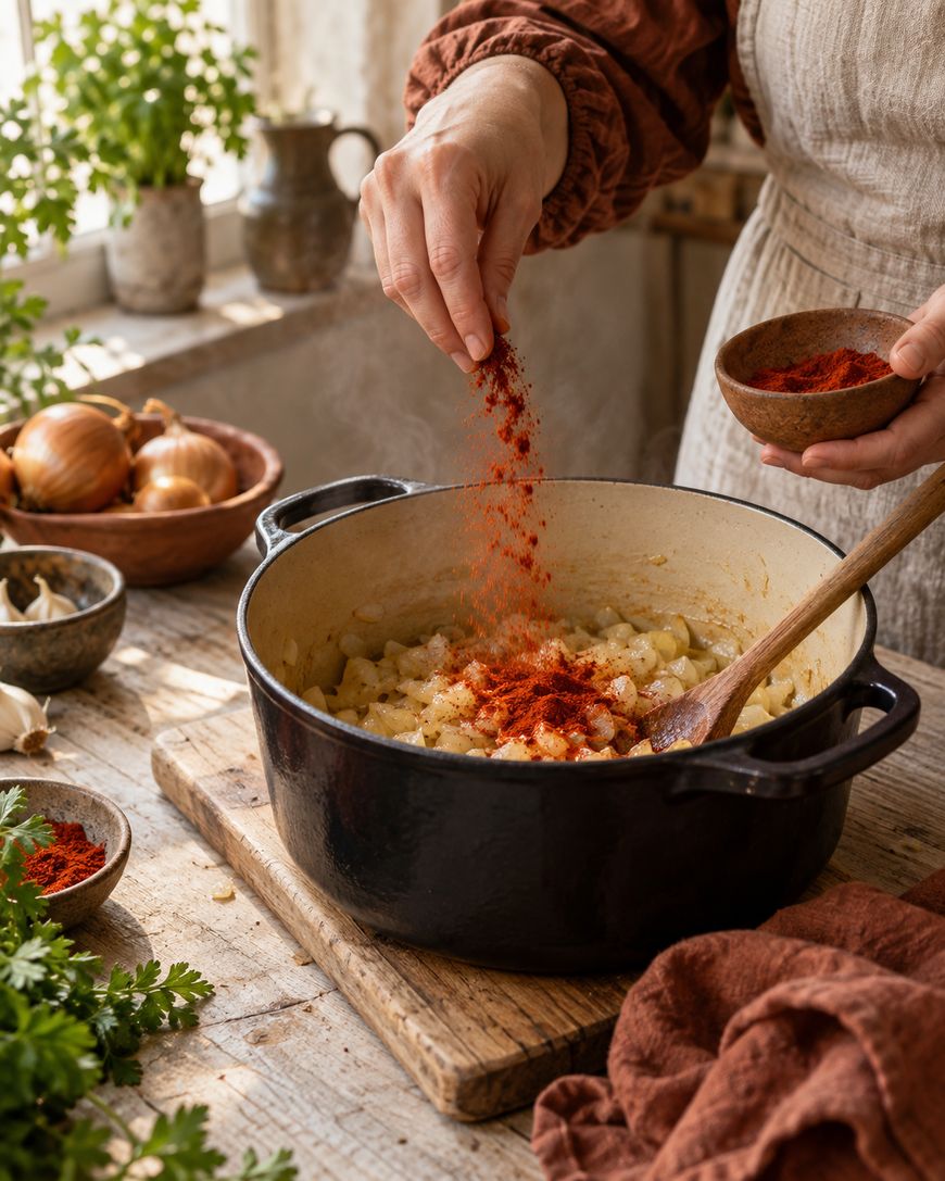 A person sprinkles red spice into a black pot of chopped vegetables on a rustic kitchen table, surrounded by onions, herbs, and kitchenware, with sunlight streaming in.