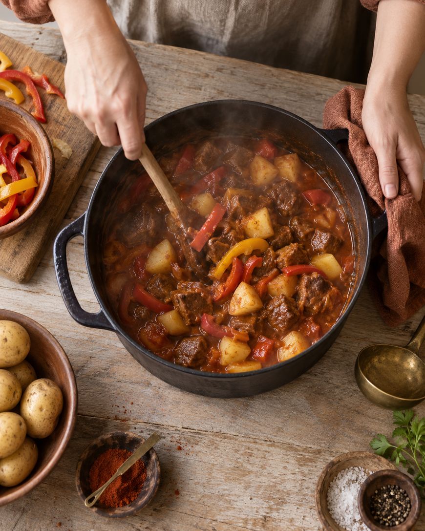 A person stirs a pot of beef stew with potatoes and bell peppers on a wooden table, surrounded by ingredients like paprika, salt, potatoes, and herbs.