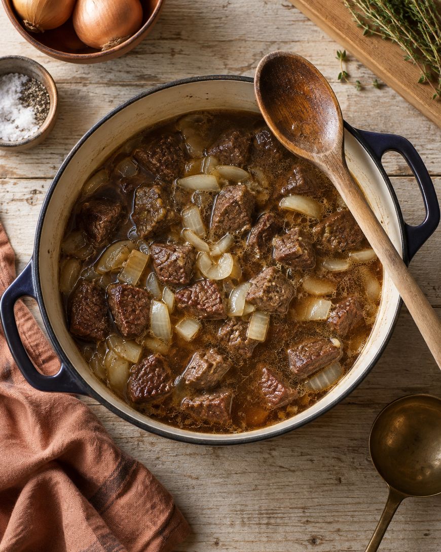 A Dutch oven filled with beef stew and chopped onions sits on a wooden table, surrounded by a wooden spoon, onions, salt, thyme, a ladle, and a rust-colored cloth.