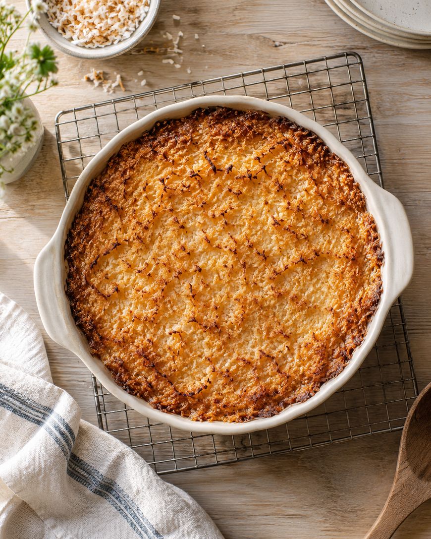 A golden-brown coconut pie in a round white baking dish sits on a cooling rack, surrounded by a striped towel, plates, a wooden spoon, and a small bowl of shredded coconut.