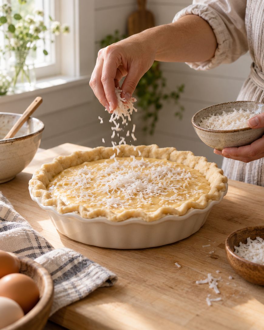 A person sprinkles shredded coconut onto an unbaked pie in a ceramic dish, with bowls of ingredients and a striped towel nearby on a wooden kitchen counter. Sunlight streams in through a window in the background.