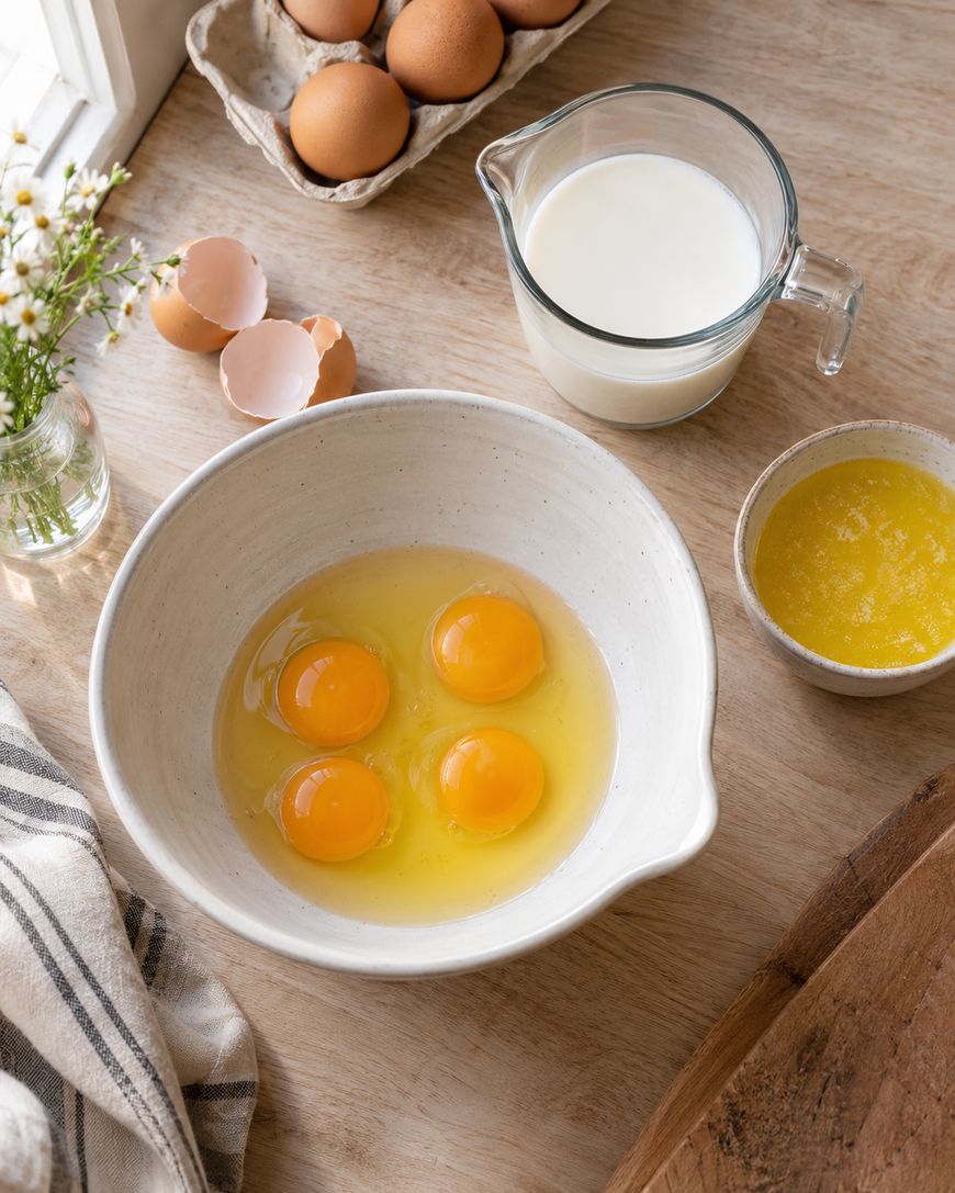 A mixing bowl with four cracked eggs, a cup of milk, melted butter, eggshells, whole eggs, and a striped towel on a wooden kitchen counter near flowers and sunlight.