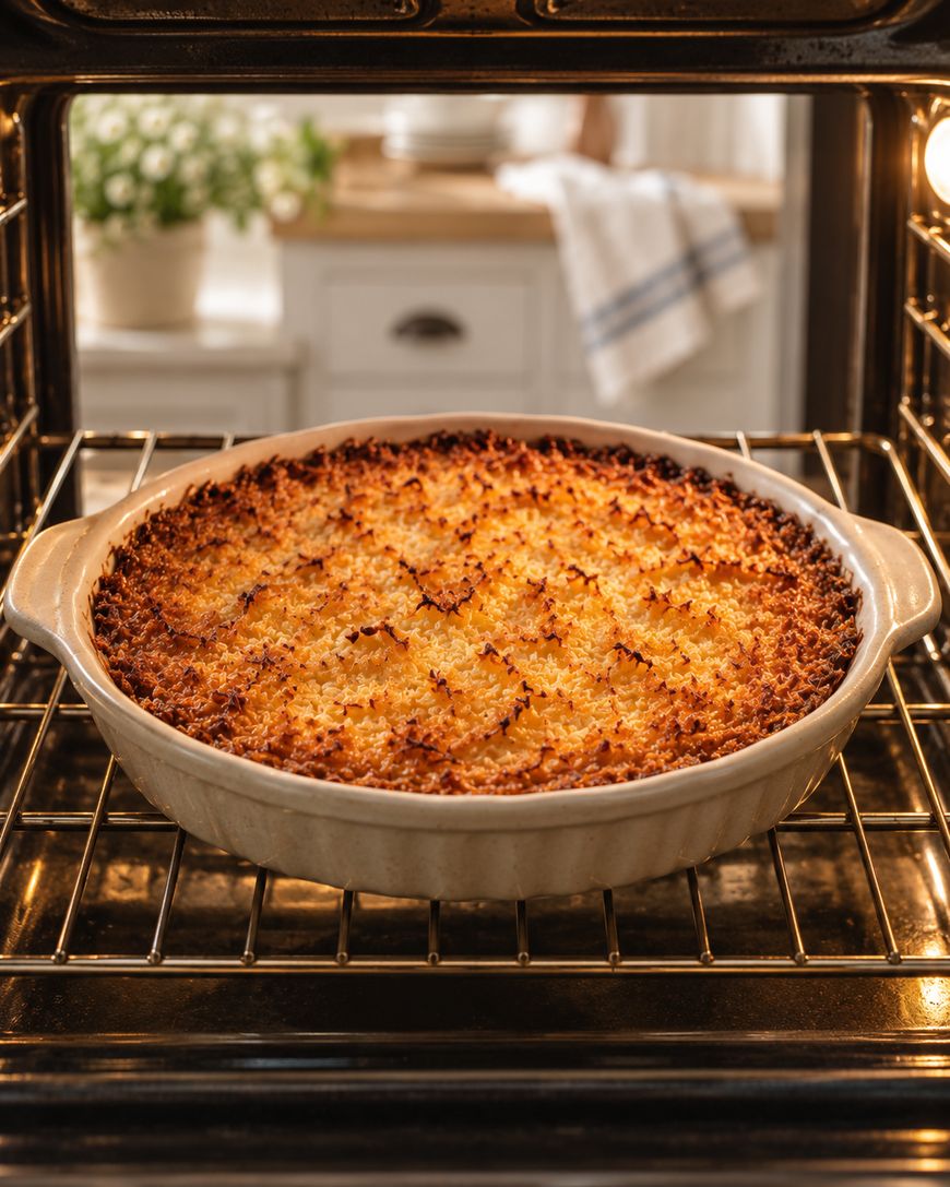 A golden-brown pie in a white ceramic dish is baking on the middle rack of an oven. The kitchen background is softly blurred, with a plant and towel visible.