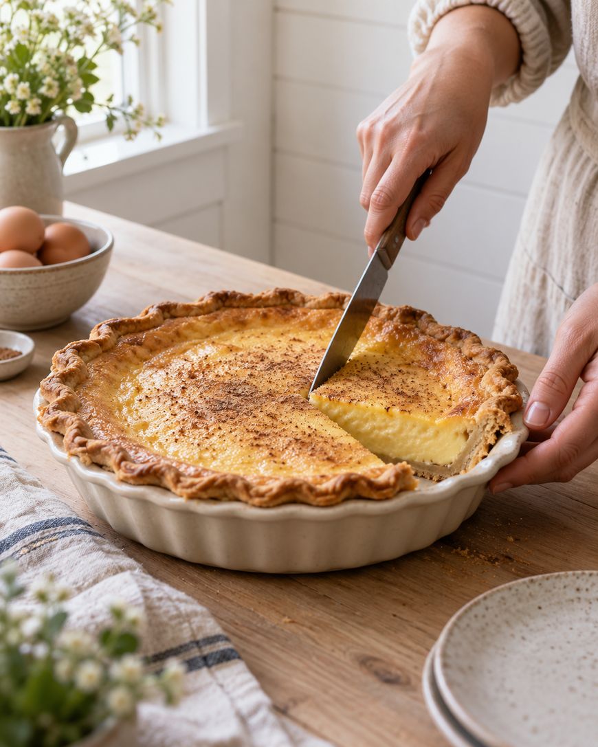 A person cuts a slice from a creamy custard pie in a ceramic dish on a wooden table, surrounded by plates, eggs, and a striped towel.