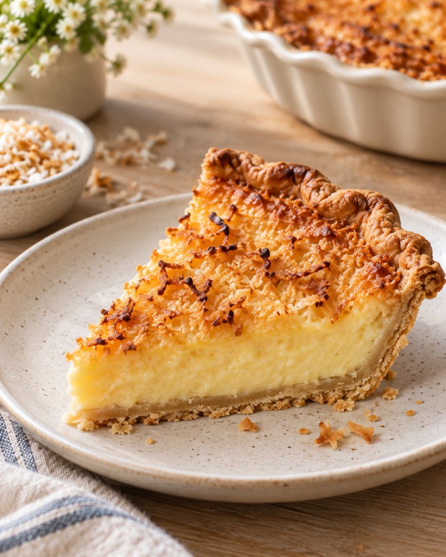 A slice of coconut custard pie on a plate, showing a golden, flaky crust and creamy filling, with toasted coconut sprinkled on top. A bowl of shredded coconut and a pie dish are in the background.