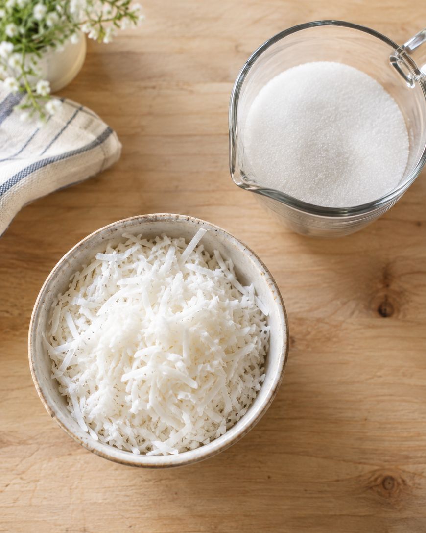 A bowl of shredded coconut and a glass pitcher of sugar sit on a wooden table, with a striped cloth and small white flowers in the background.