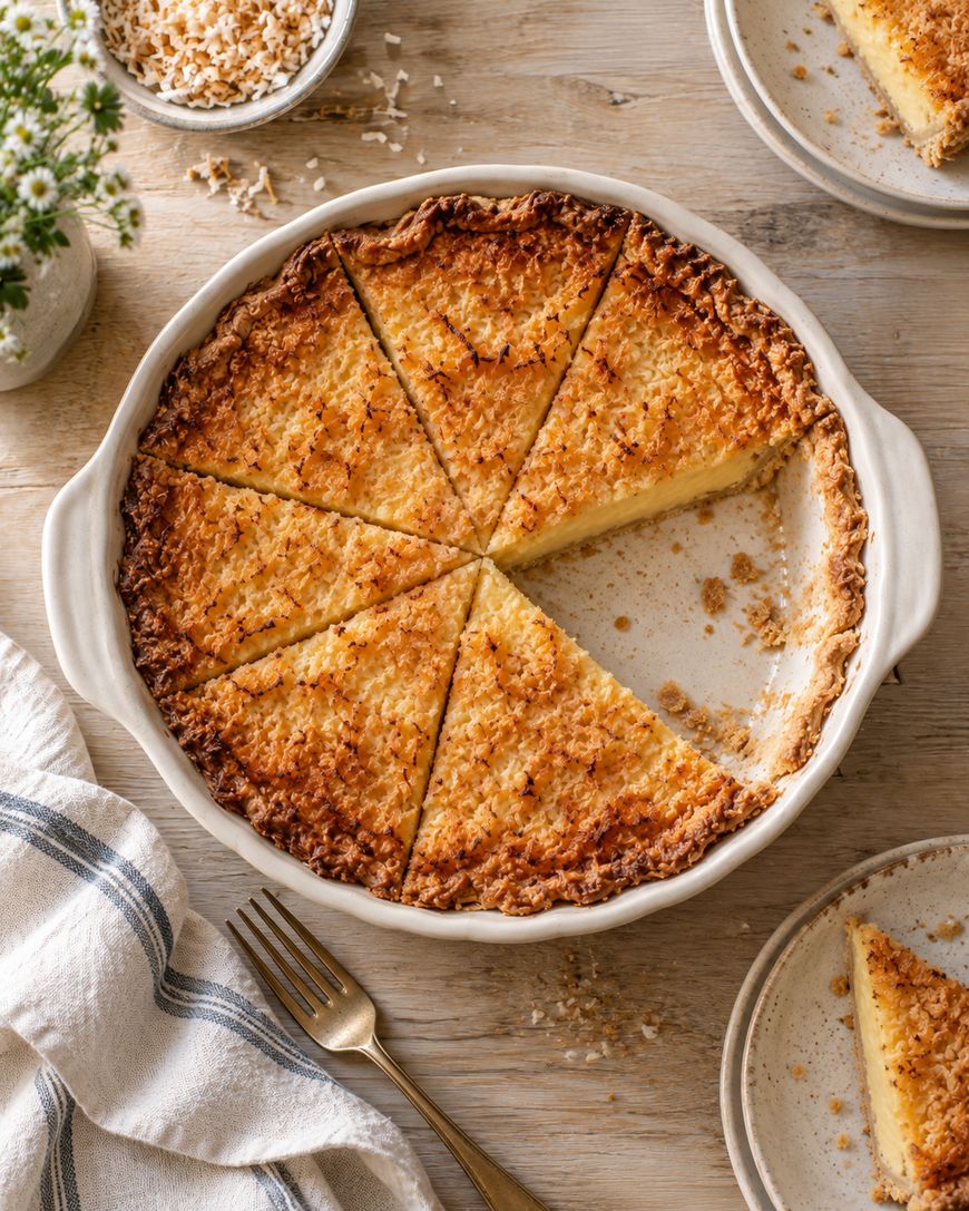 A golden-brown coconut pie sliced into wedges sits in a white pie dish on a wooden table, with a slice on a nearby plate, a fork, and a bowl of shredded coconut beside it.