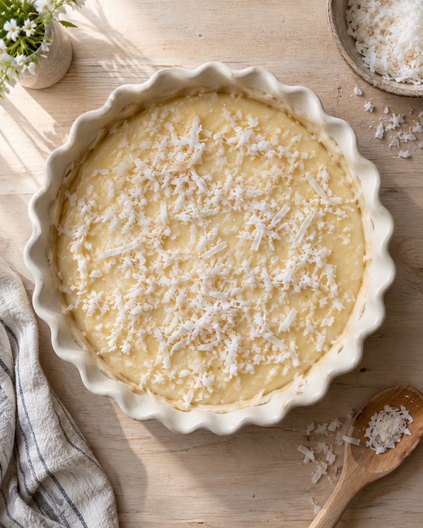 A round baking dish filled with unbaked batter topped with shredded coconut sits on a wooden surface beside a towel, a wooden spoon, and a bowl of extra coconut.