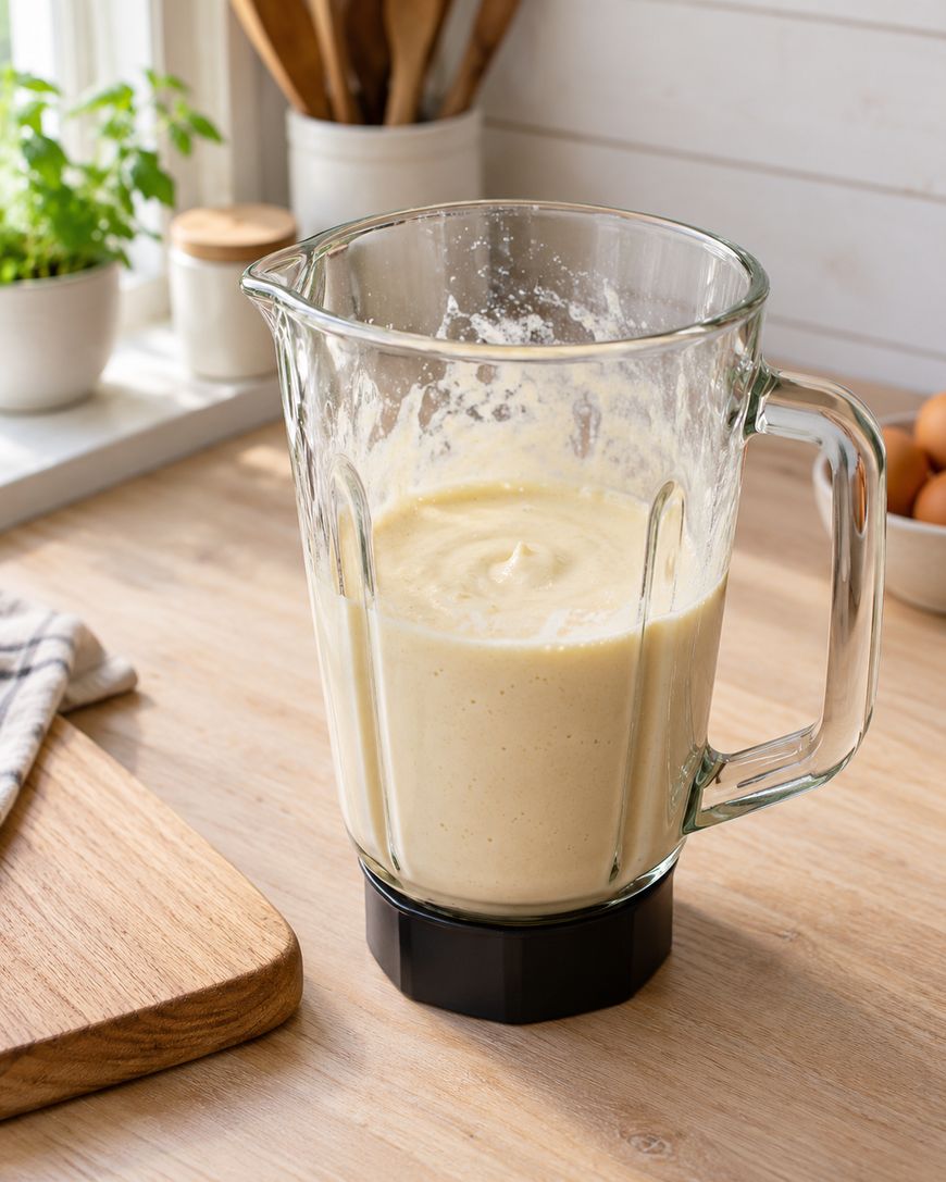 A glass blender pitcher filled with creamy batter sits on a wooden kitchen counter near a window, with herbs, eggs, utensils, and a cutting board in the background.