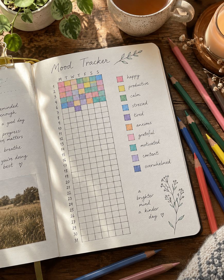An open bullet journal displays a colorful mood tracker grid, colored pencils, a cup of tea, a candle, and green plants on a wooden table, with warm sunlight shining on the scene.
