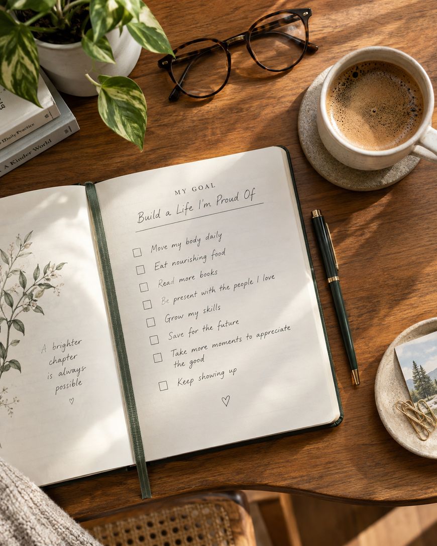 An open journal on a wooden desk lists goals, surrounded by a pen, glasses, a plant, a cup of coffee, and a postcard. Sunlight streams in, creating a cozy, inspiring workspace.