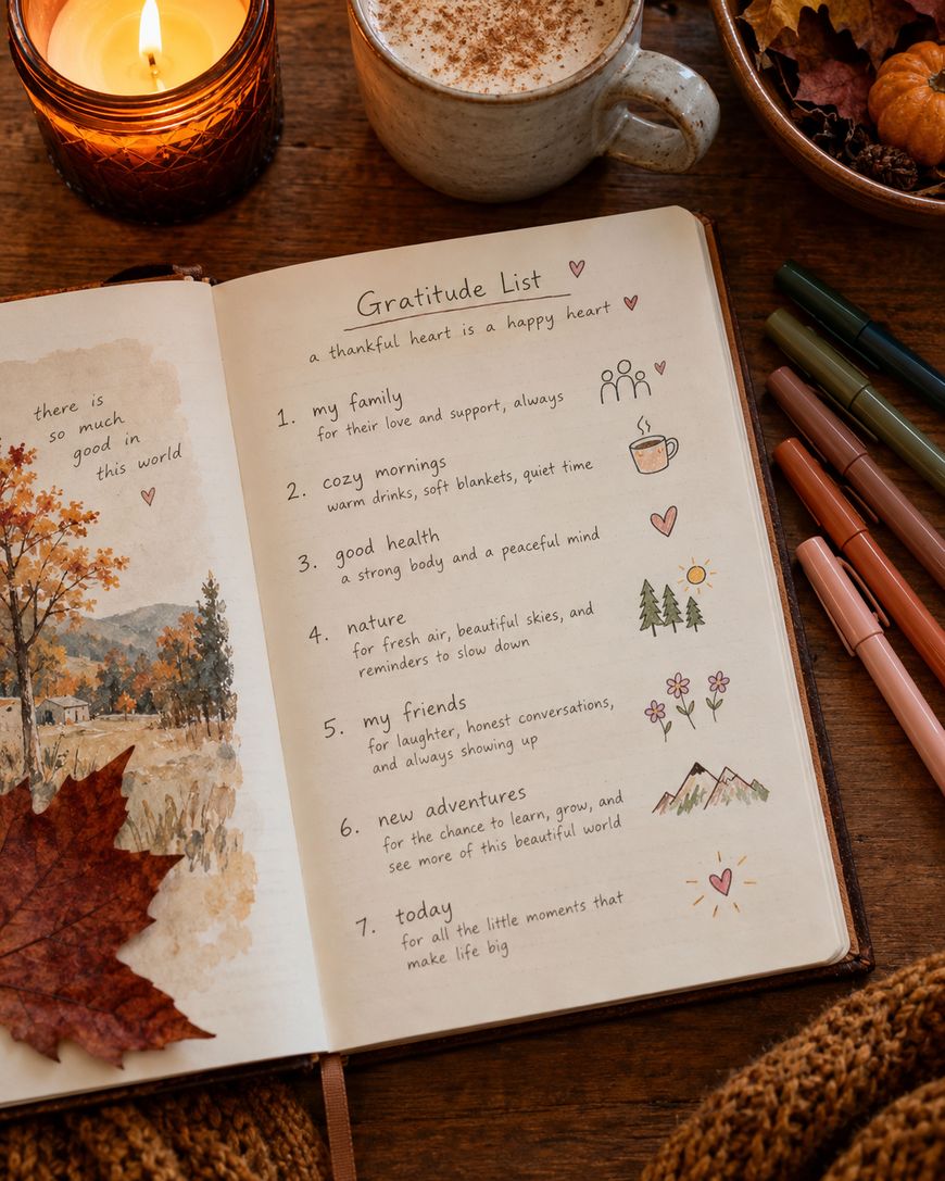 Open journal with a Gratitude List written in neat handwriting, surrounded by autumn leaves, a candle, coffee, and cozy objects, capturing a warm, fall atmosphere.