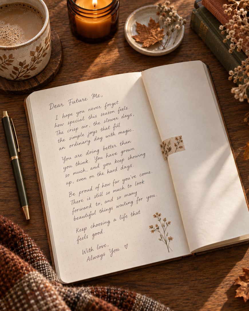 An open journal on a wooden table with a handwritten letter, coffee, a lit candle, pen, and dried flowers nearby. Warm sunlight bathes the cozy autumn scene.