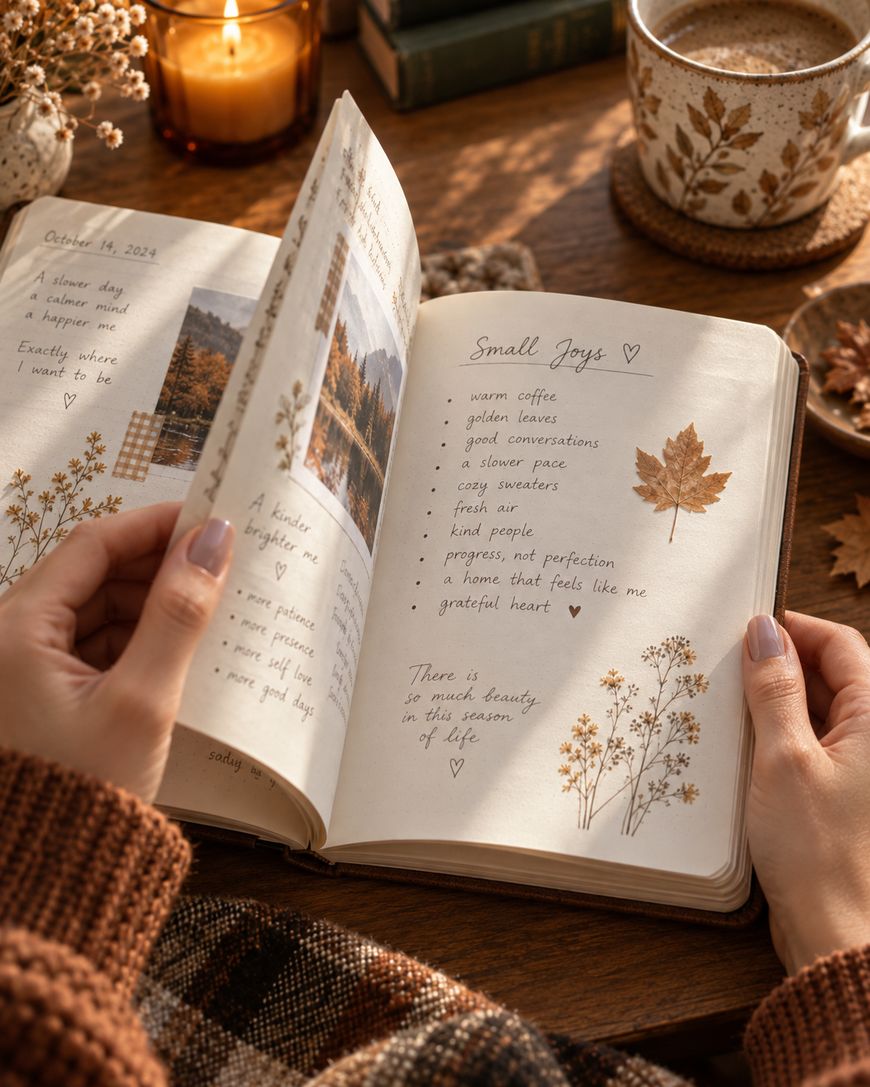 A person holds an open journal with autumn-themed decorations, handwritten notes, and pressed leaves. A candle, coffee cup, and autumn leaves are on the wooden table, creating a cozy, warm atmosphere.