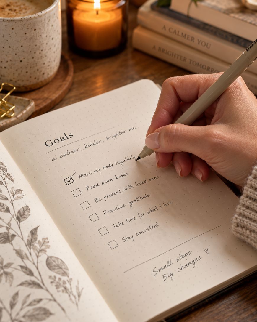 A hand writes in a goals journal by candlelight, with checkboxes for habits like reading, gratitude, and self-care. A mug, glasses, and stacked books are nearby.