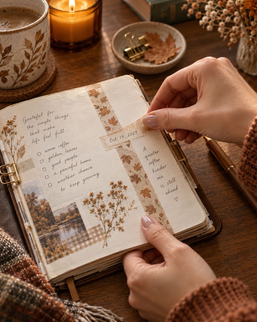 A person decorates a journal with autumn-themed stickers and photos. A checklist of simple joys, a date label Oct 14, 2024, and a cozy, fall-inspired background with a mug, scarf, and dried flowers are visible.
