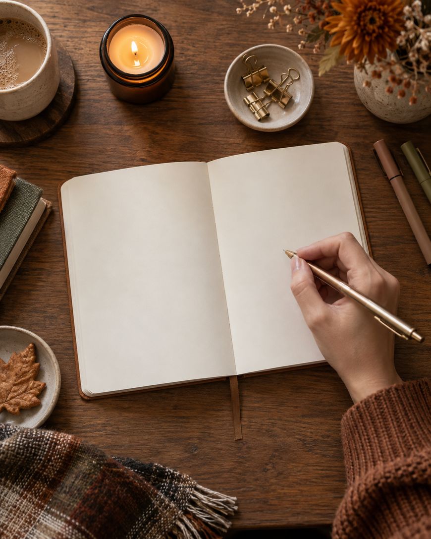 A hand holds a pen over an open blank notebook on a wooden table, surrounded by a candle, coffee, dried flowers, clips, and a cozy plaid scarf.